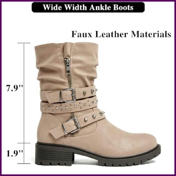Wide Width Ankle Boots Plus Size Flat Slouchy Combat Booties - Picture 5 of 8